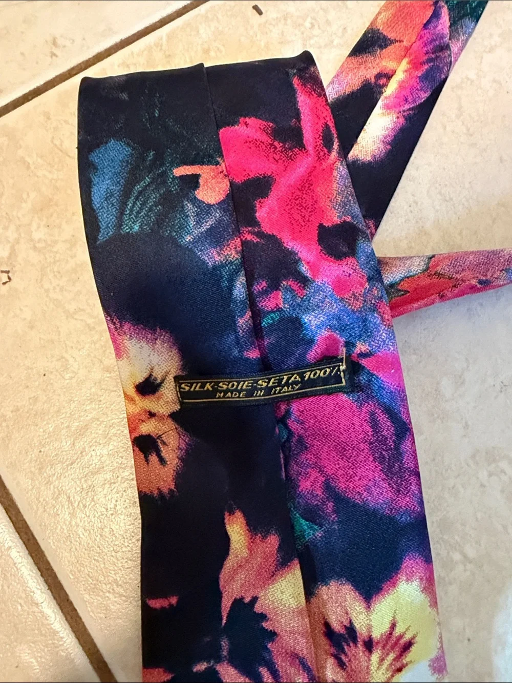 Floral Silk Tie in Navy with Pink & Yellow Accents